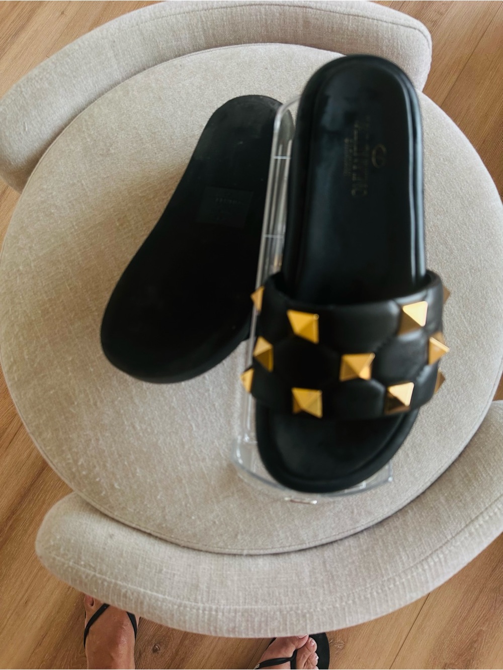 Valentino Garavani Black Leather Slide Sandals with Gold Studs